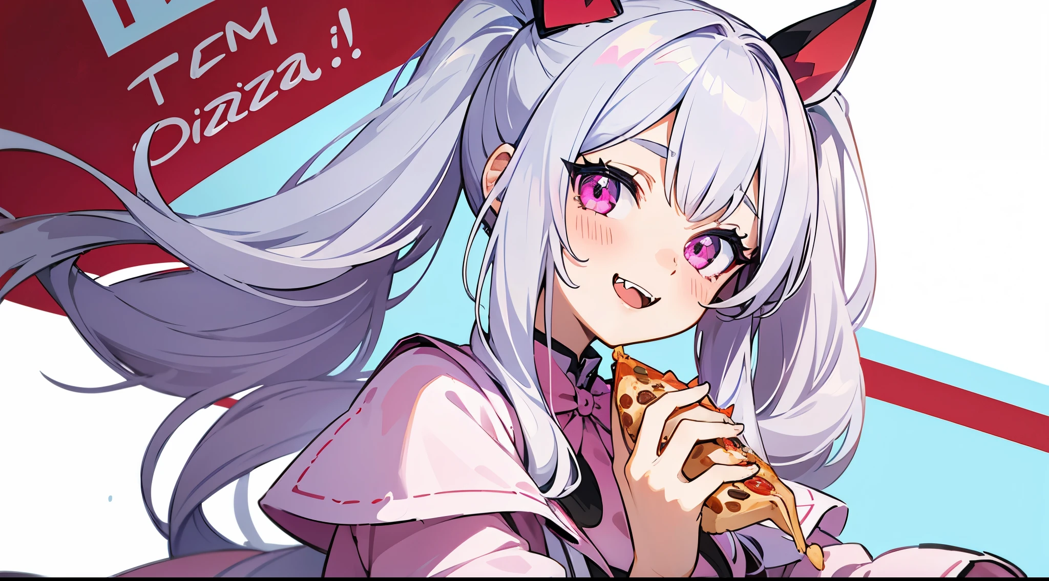 one girl, very beautiful face, beautiful eyes, detailed eyes, detailed face, detailed hair, masterpiece, anime girl, pink eyes, silver hair, , kawaii, two pony tails, hair pins, hair accessories, very young, big boobs, pixiv, illustration, very high quality, masterpiece, vampire teeth, fangs, pink cheeks, looks at you, delivery outfit, food delivery, standing at your door, happy smile, pizza delivery, holding food