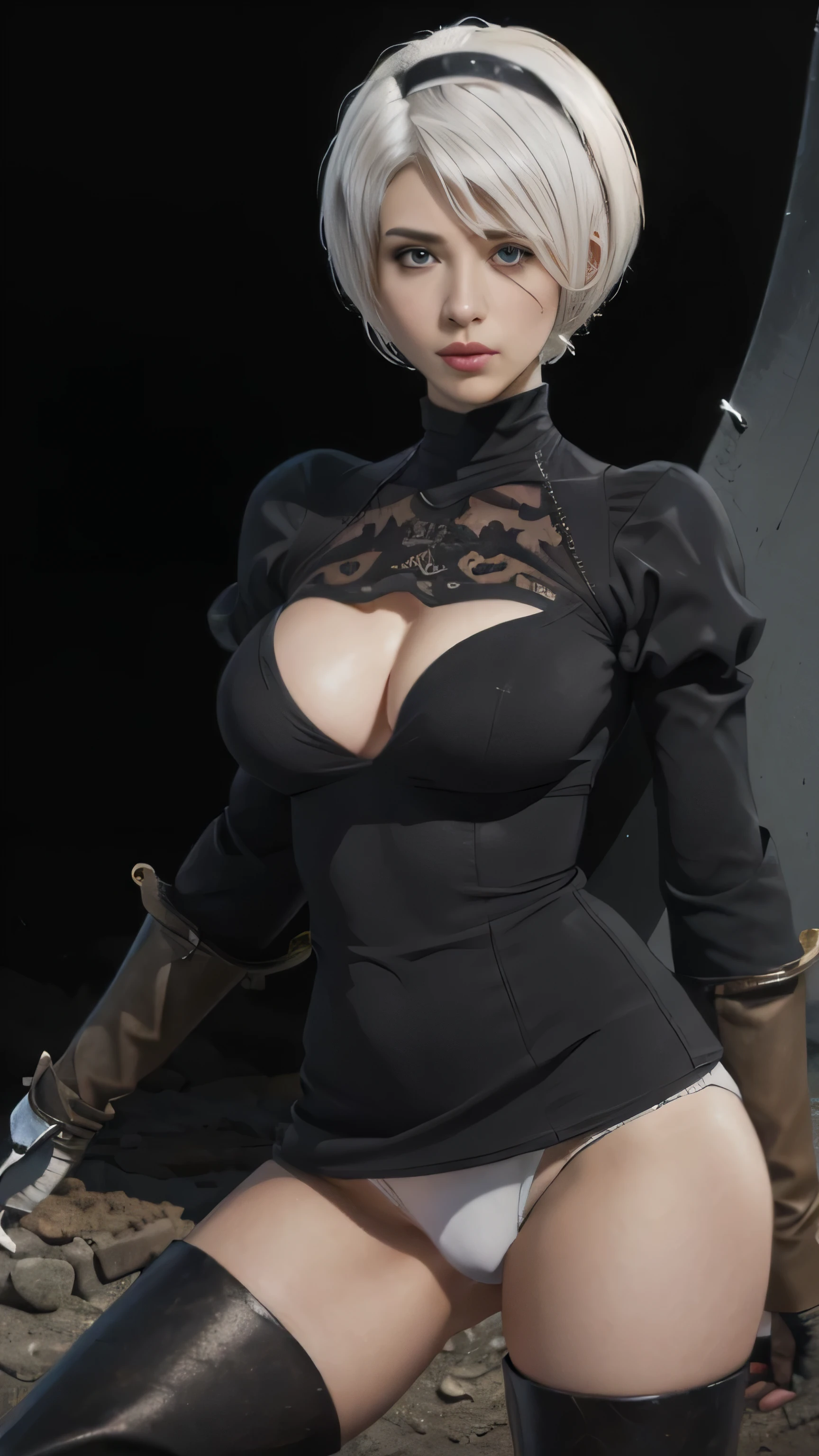 (black short dress:1.3), (spread your legs:1.0), (showing panties:1.0), (white panties:1.4), (black long boots:1.6), (black hair band:1.2), (beautiful face:1.5), (detailed face:1.2), (masterpiece, best quality:1.4), (In the ruined big city), (remains of large machinery:1.5), (fight against mechanical lifeforms:1.5), (full body shot:1.3), (1girl), (have a big sword:1.7), solo, (beautiful european:1.2), yorha no. 2 type b, (white short hair:1.5), hyperrealistic, high detailed skin, high quality, highly detailed face, highly detailed skin, skin pores, subsurface scattering, realistic pupils, medium breast, full face blush, full lips, detailed background, depth of field, volumetric lighting, sharp focus, absurdres, realistic proportions, good anatomy, (realistic, hyperrealistic:1.4)