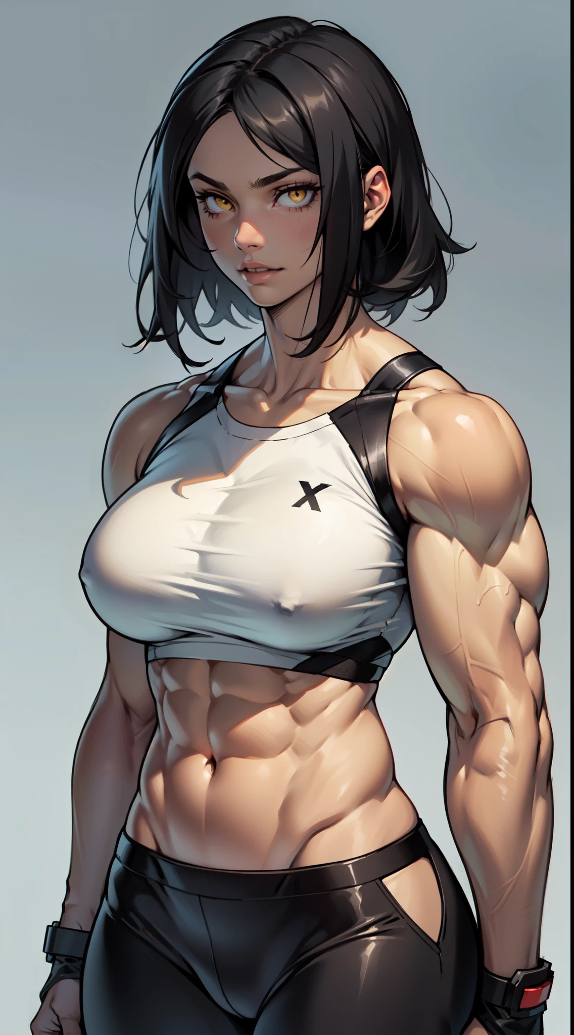 (((muscular girl toned body large breasts thick perfect anatomy))) yellow eyes black hair pale best quality