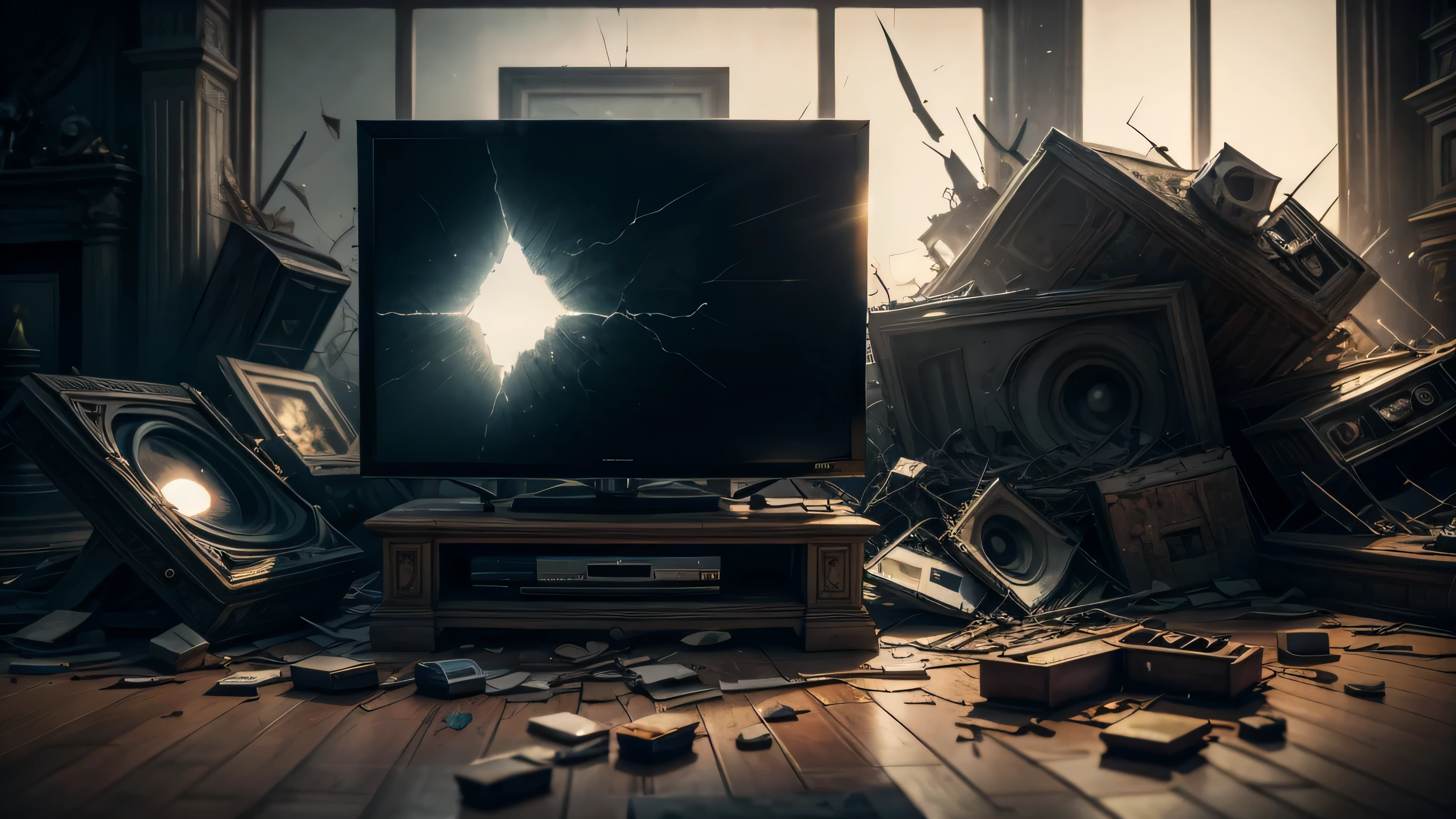 broken television in the living room, dimmy lighting, realistic, high quality, sharp focus, high details,