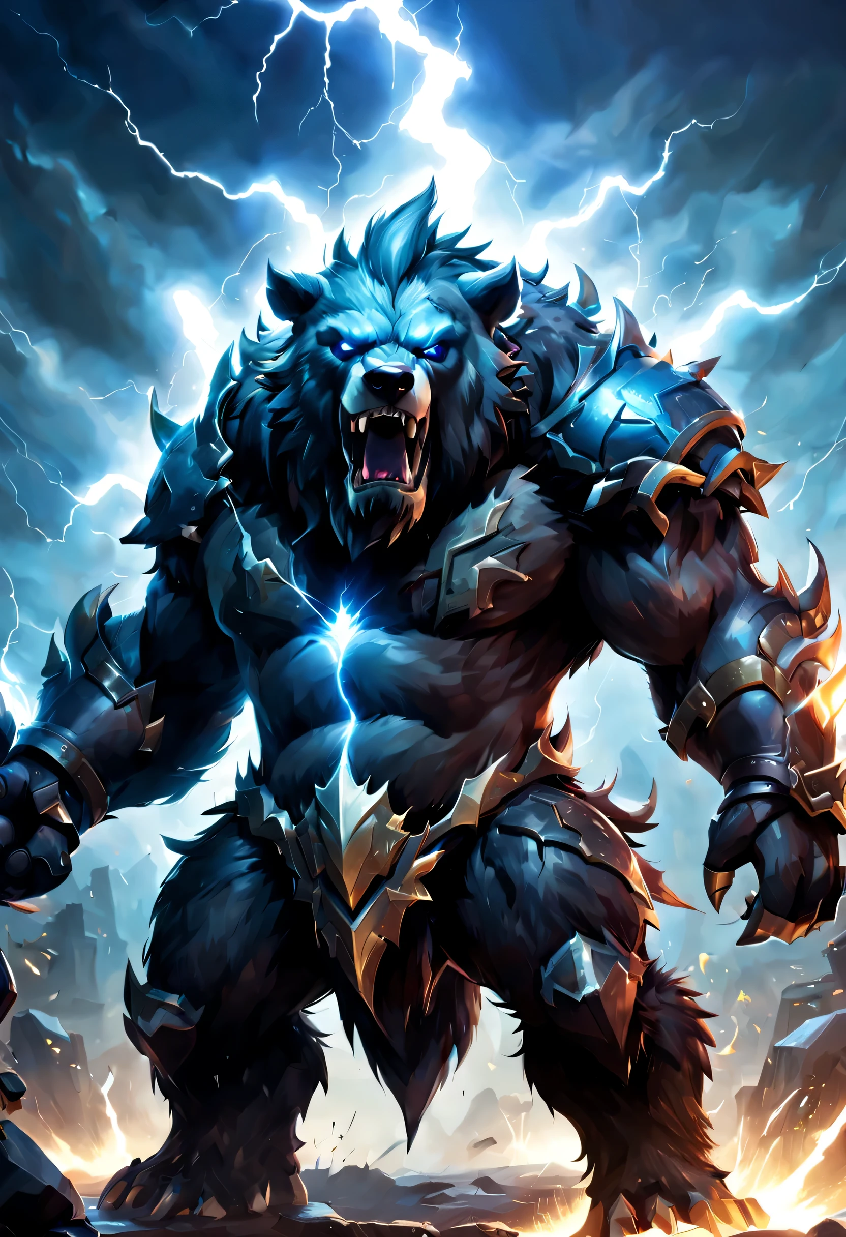 Full body shot a close up of a giant monster with a lightning bolt in its hand, berserker potrait, splash art, official splash art, wild rift, raging bugbear, good boy giant mecha bear hound, iconic character splash art, 12k ursa, volibear saint, league of legends character, volibear, epic legends game icon, from league of legends