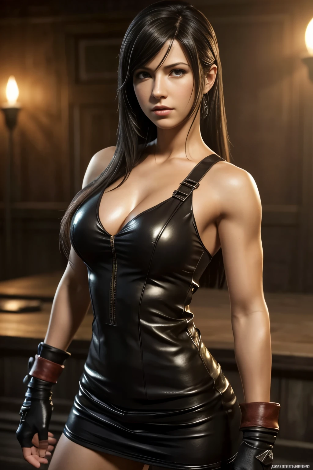 Tifa Lockhart, (skin texture:1.1), (high detail face:1.1), high detail body, high detail clothes, partydress, (masterpiece), (realistic), ultra high definition, 4k, ultra high resolution, photo by Arny Freytag