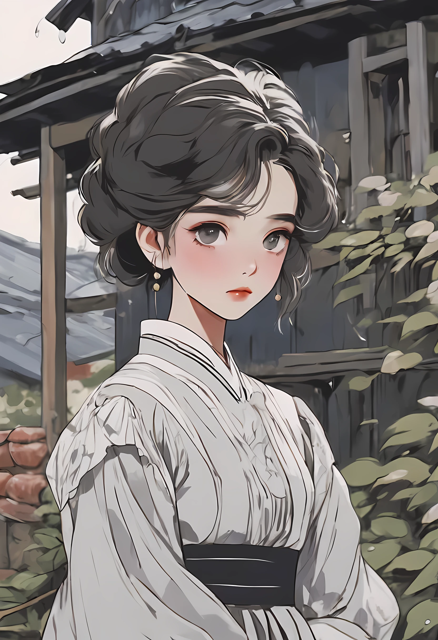 detailed rough drawn close up portrait of an anime girl wearing vintage in a village in rural america, Nagabe art style, overcast, cloudy, might rain, darker tones, drawn anime illustration, black and white color scheme for the dress, neo-american, painted in anime painter studio, anime style illustration, made with anime painter studio, in anime style, in an anime style, with short hair, anime style portrait, sitting in the garden, anime artstyle, clean detailed anime style, proportions proper,