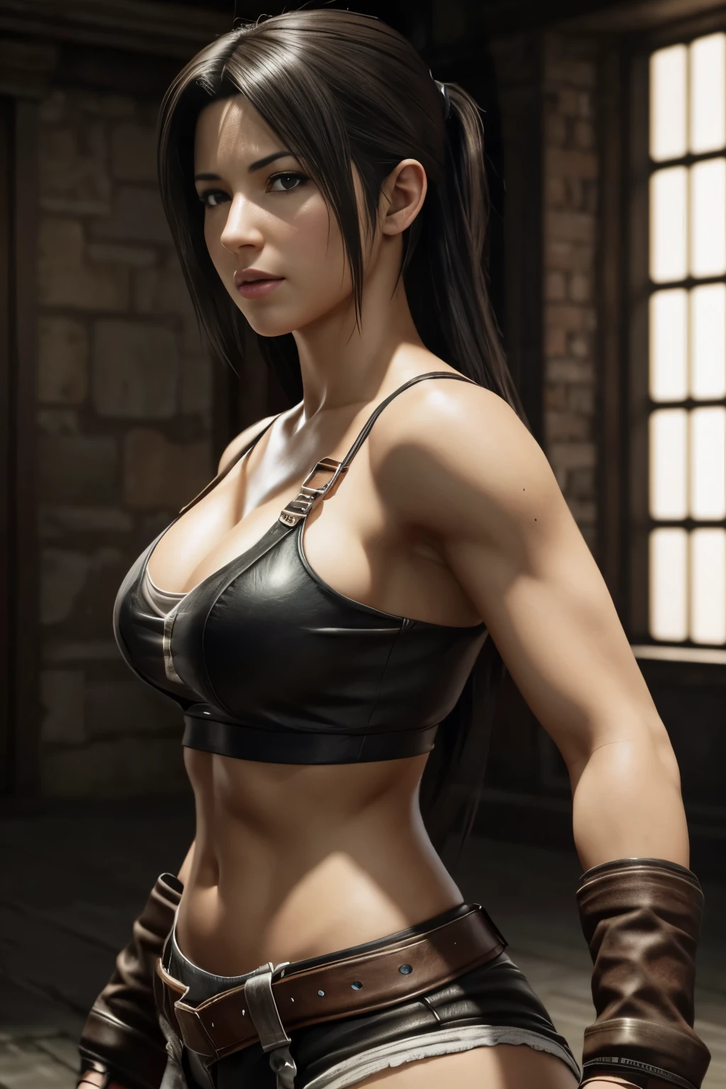 Tifa Lockhart, (skin texture:1.1), high detail face, high detail body, big detail clothes, (masterpiece), (realistic), ultra high definition, 4k, ultra high resolution