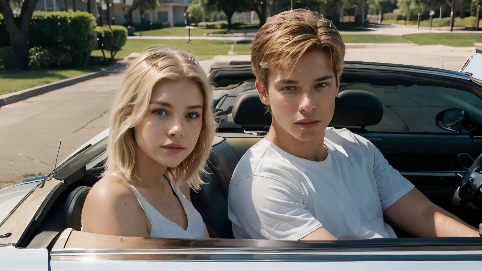 Bob, Male, 20 years old -in the car, a White Mustang Convertible, with Ellen, female, 20 years old, blonde, beautiful, - - Realistic - Cinematic - Watercolor - HD - 8k