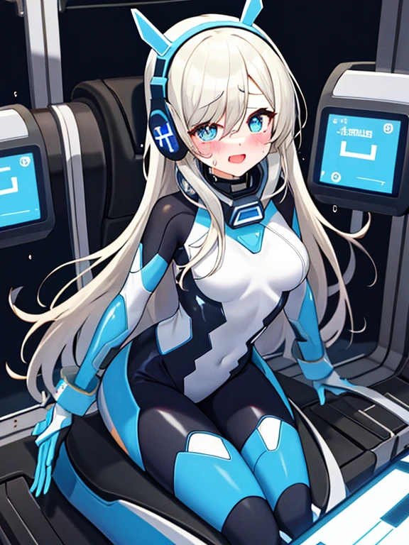 （Equestrian machine):1.3、乗馬マシーンにstraddle、straddle:1.3,Tubes and cables、holds the smartphone in her hand、(Interior of white cyberpunk futuristic space station)、1 girl、solo、full body painting、chest、Sweat、tears、heart-shaped pupil、Ahegao、Steamed body、(blue and black bodysuit):1.2、(Futuristic latex bodysuit space suit):1.1,headphone、V arm、(blush:1.3)
