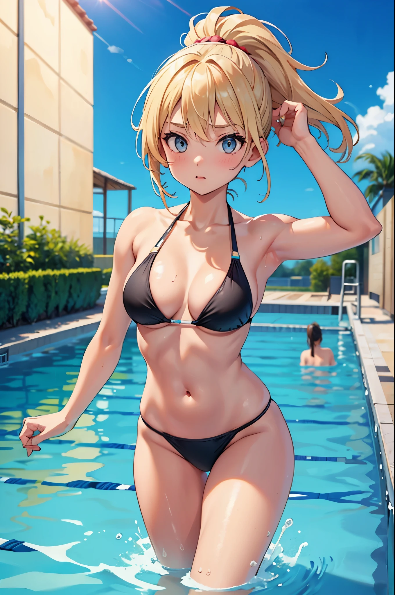 blond, ponytail, swimming in pool, normal size breast, fitness body, tall legs, bikini, hot summer day, beautiful, hot
