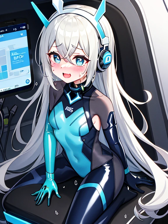 (Equestrian machine):1.3、乗馬マシーンにstraddle、straddle:1.3,Tubes and cables、holds the smartphone in her hand、(Interior of white cyberpunk futuristic space station)、1 girl、solo、full body painting、chest、Sweat、tears、heart-shaped pupil、Ahegao、Steamed body、(blue and black bodysuit):1.2、(Futuristic latex bodysuit space suit):1.1,headphone、V arm、(blush:1.3)