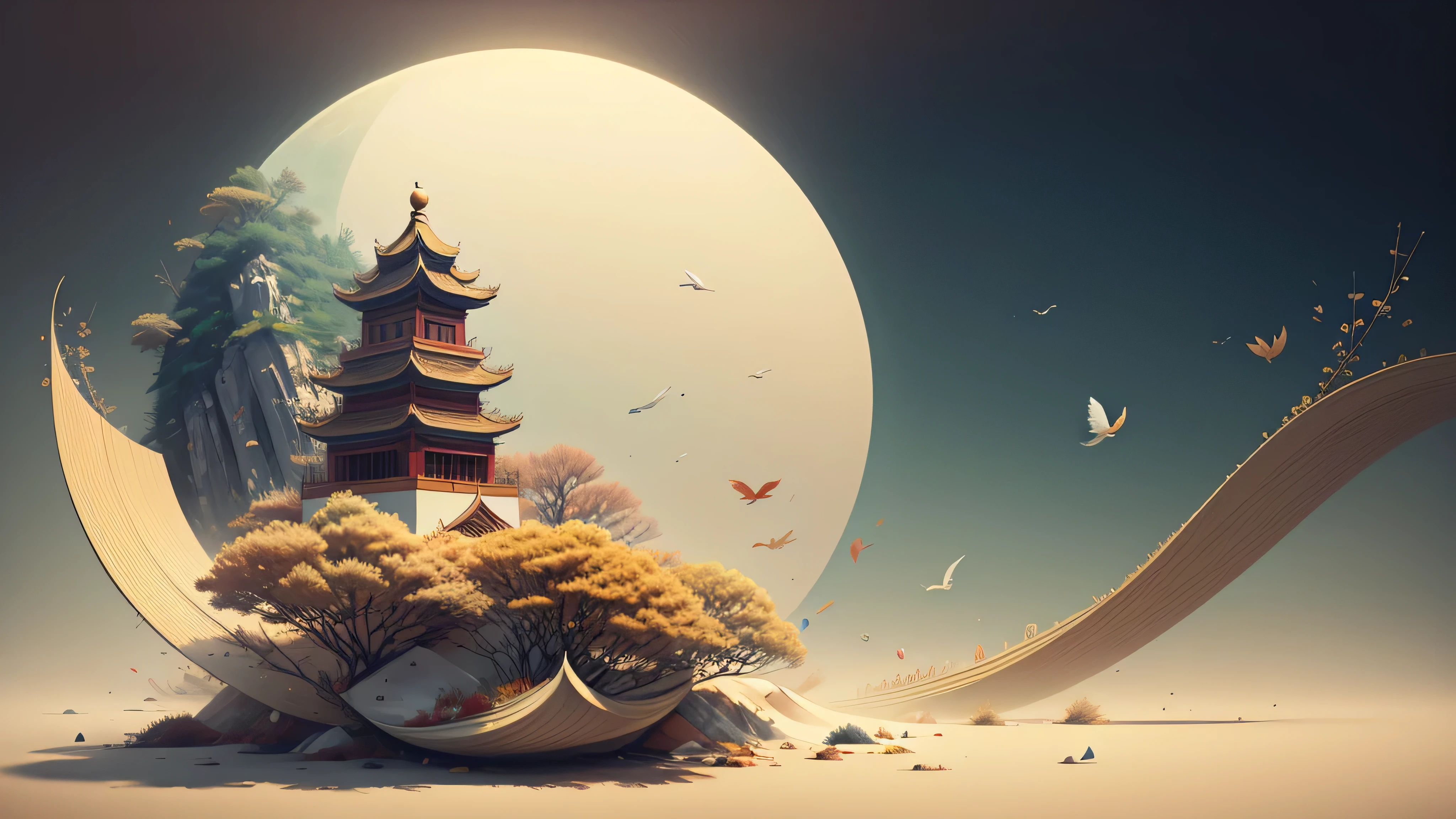 Lunar New Year's Day，Chinese landscape, abstract paintings, Zen, Amy Sol style, Cover art with light abstraction, vector art, Contemporary Chinese art, Gradient of color, Soft color palette, layered forms, Whimsical animation, The style is ethereal and abstract