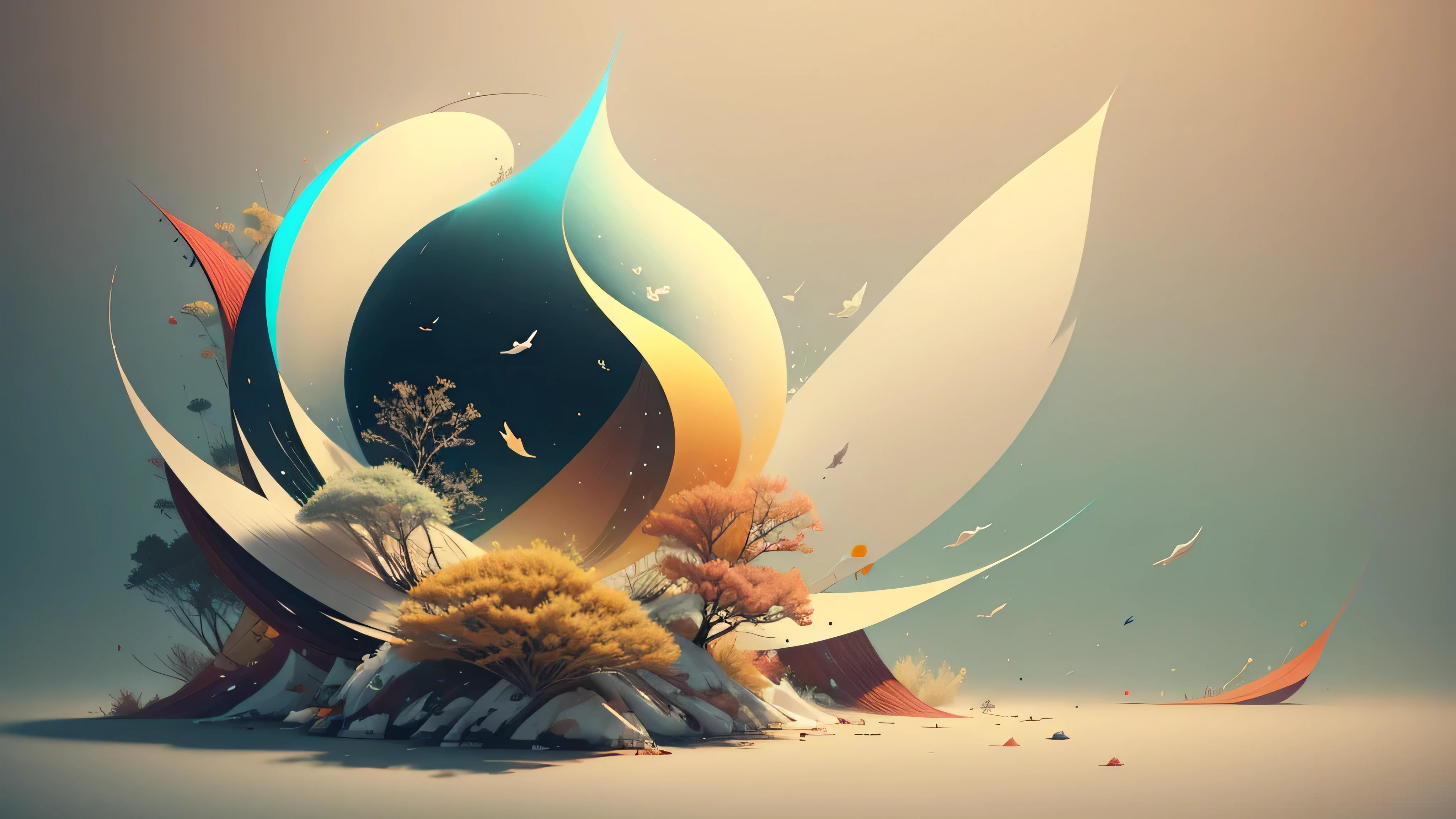 Lunar New Year's Day，Chinese landscape, abstract paintings, Zen, Amy Sol style, Cover art with light abstraction, vector art, Contemporary Chinese art, Gradient of color, Soft color palette, layered forms, Whimsical animation, The style is ethereal and abstract