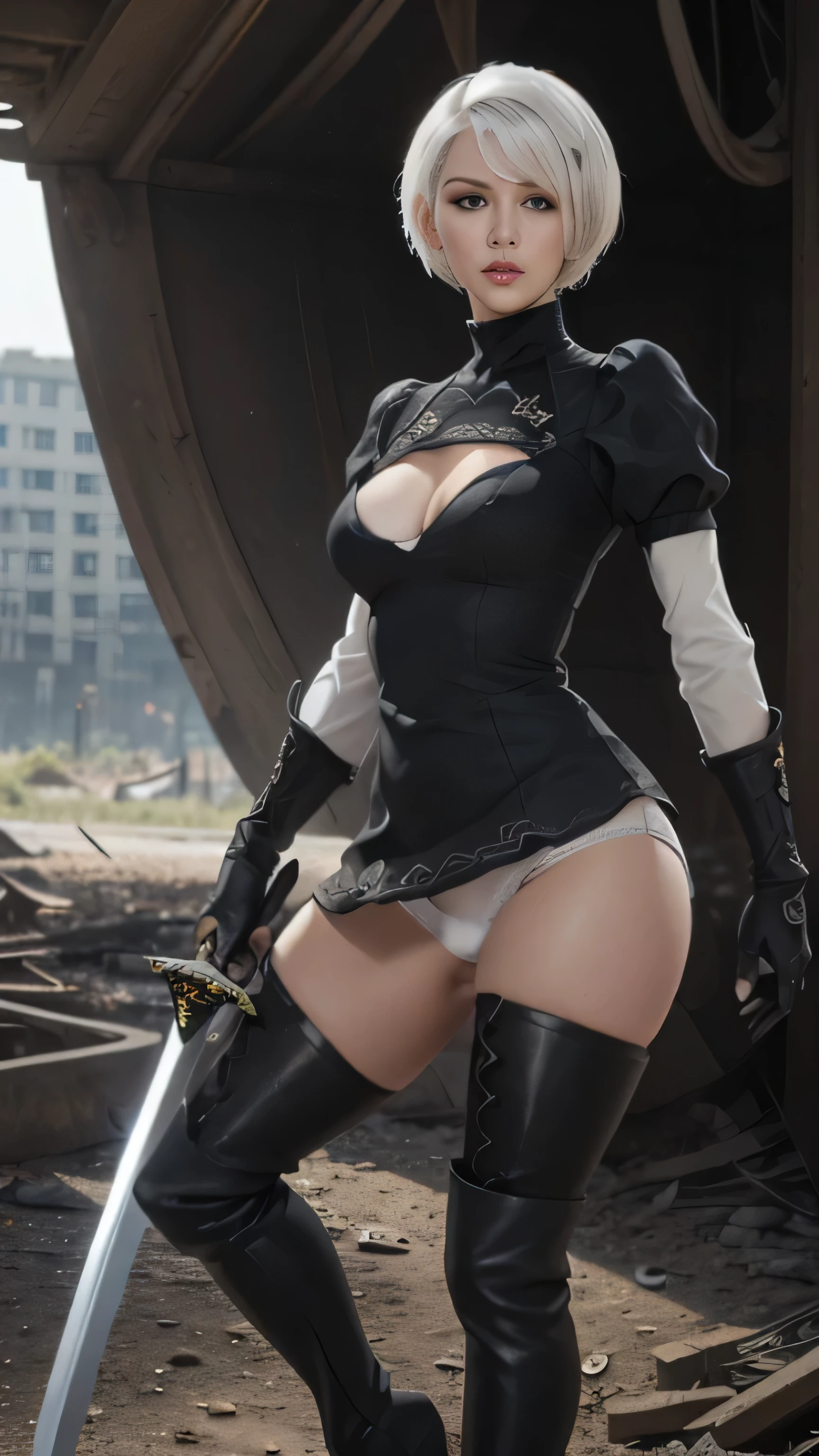 (black short dress:1.3), (spread your legs:1.0), (showing panties:1.0), (white panties:1.4), (black long boots:1.7), (black hair band:1.2), (beautiful face:1.5), (detailed face:1.2),  (masterpiece, best quality:1.4), (In the ruined big city), (remains of large machinery:1.5), (fight against mechanical lifeforms:1.5), (full body shot:1.3), (1girl), (have a big sword:1.7), solo, (beautiful european:1.2), yorha no. 2 type b, (white short hair:1.5),  hyperrealistic, high detailed skin, high quality, highly detailed face, highly detailed skin, skin pores, subsurface scattering, realistic pupils, medium breast, full face blush, full lips, detailed background, depth of field, volumetric lighting, sharp focus, absurdres, realistic proportions, good anatomy, (realistic, hyperrealistic:1.4)