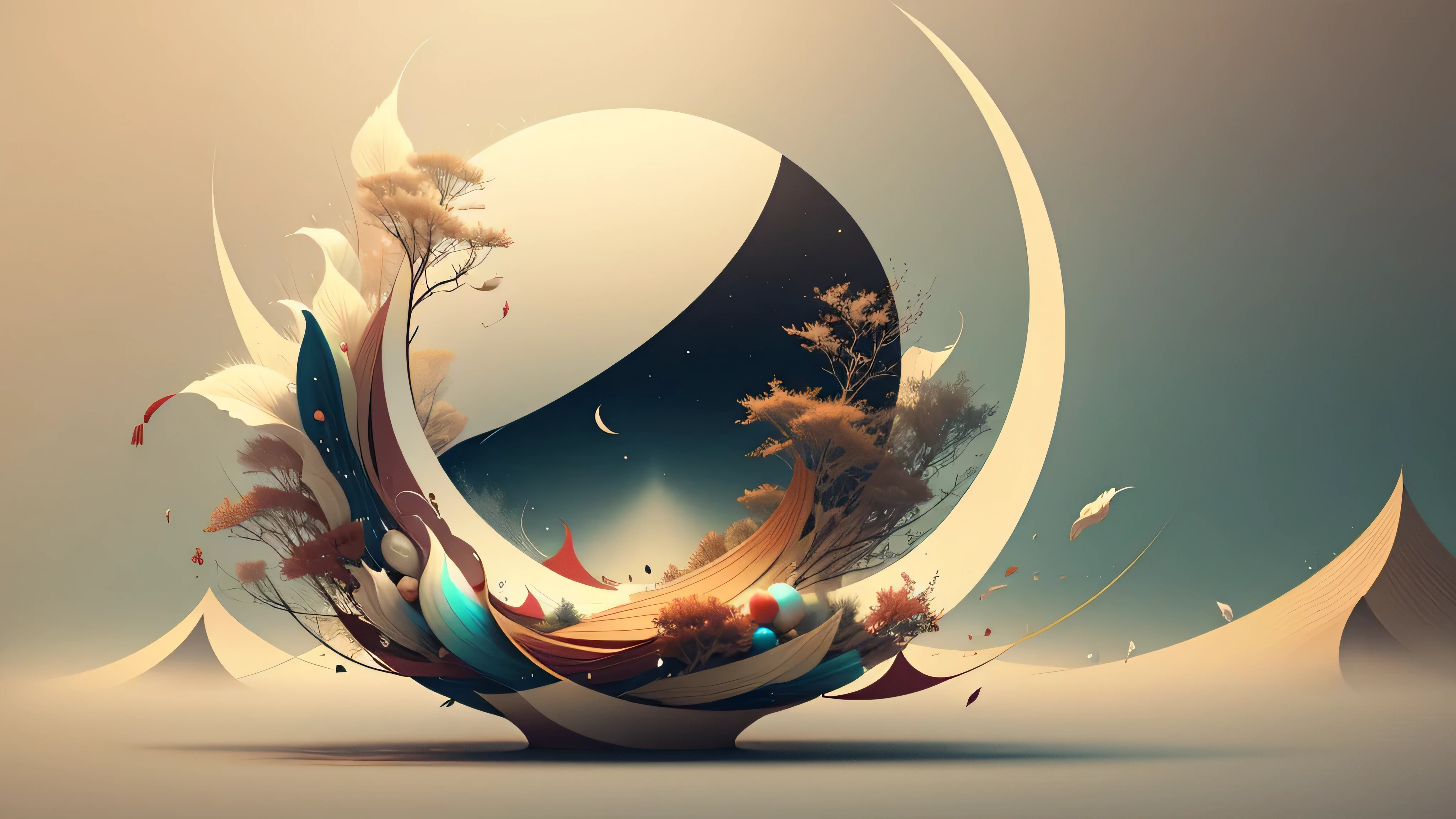 Lunar New Year's Day,Chinese landscape, abstract paintings, Zen, Amy Sol style, Cover art with light abstraction, vector art, Contemporary Chinese art, Gradient of color, Soft color palette, layered forms, Whimsical animation, The style is ethereal and abstract