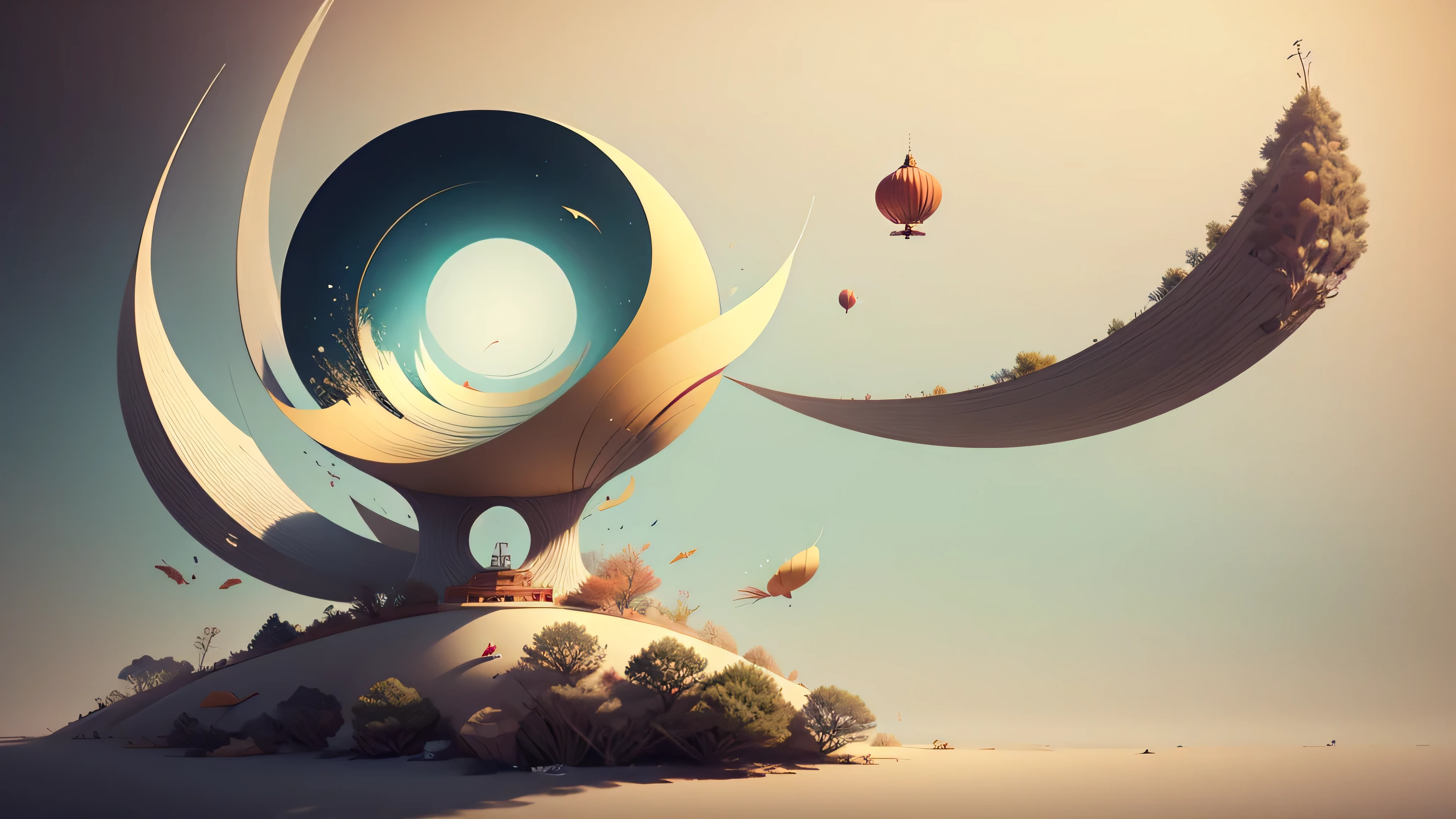Lunar New Year's Day,Chinese landscape, abstract paintings, Zen, Amy Sol style, Cover art with light abstraction, vector art, Contemporary Chinese art, Gradient of color, Soft color palette, layered forms, Whimsical animation, The style is ethereal and abstract
