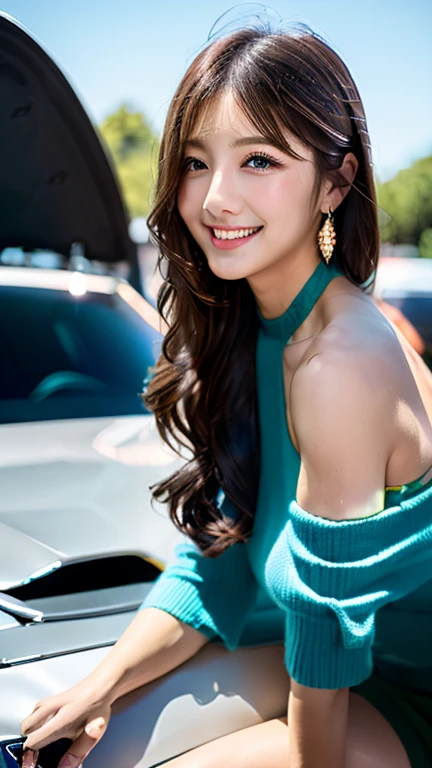 Highly detailed CG Unity 8k wallpaper, highest quality, Super detailed, debris flies, reality, photos reality的な, Highly detailed cute girl, 25 years old, (reality的な)、(Super detailed)、((8k))、(歯を見せるsmile)、(smile)、(sitting on the hood of a car)、(Side view)、(full body shot)、(coca cola girl)、(big breasts big ass)、(looking at the viewer)、(Side view)、( halter neck) , (motorsport race sitting on the hood of a car), (photoreality的な:1,4)、