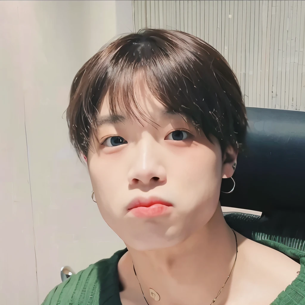 there is a man with a green shirt sitting in a chair, Jimin\the right eyelid is swollen, accurate Jimin face, Jimin\the full lips, park Jimin, Jimin\o nariz grego, Jimin, hyung tae, Jungkook, adorable and pale korean face, cai xukun, taejune kim, Kim Doyoung, com cabelo curto, Yanjun Chengt