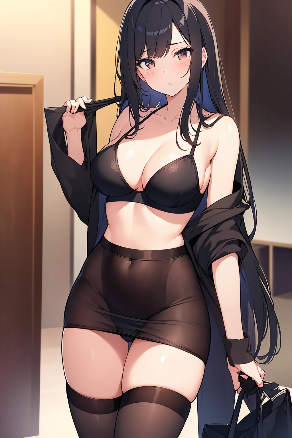 Very hot girl in sexy uniform, lightweight bra, transparent panty, black hair color hair,, blackstockings, Ringle, 4K, k hd,looking at the camera in, facing at the camera, nearing perfection, dynamic, The content is very detailed, Focus sharp, pale skin, medium breasts, cleavage, black top