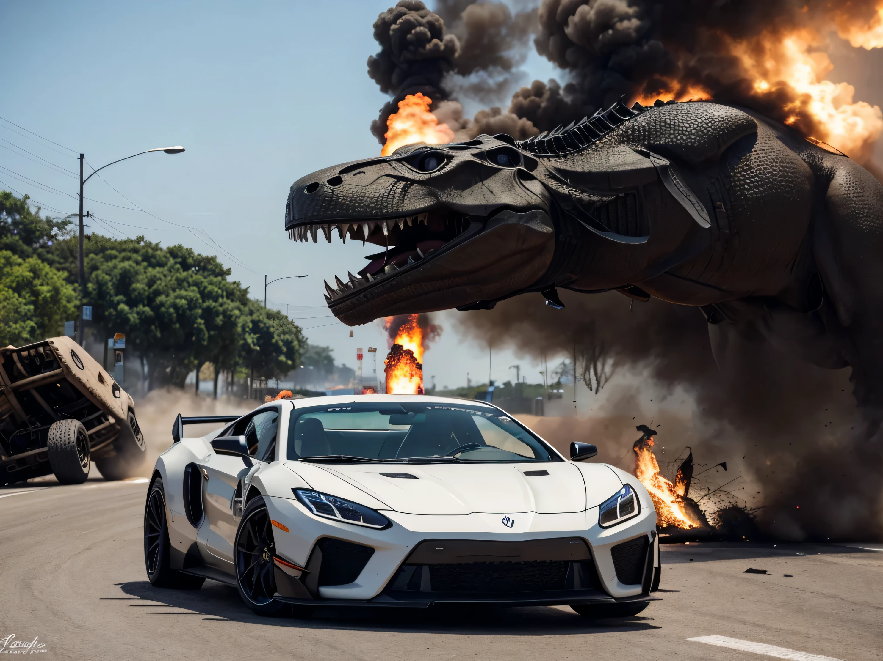 t-rex anda na rua da cidade , carros de acidente. explosions. helicopters. explosions. run. fast motorbike. carros de acidente. undoing. pessoas correm. explosions.