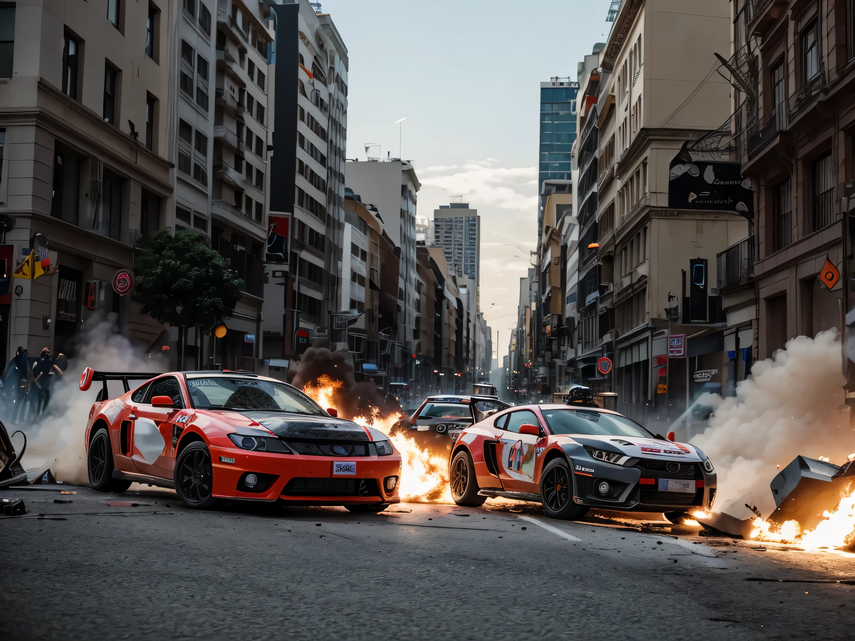 t-rex anda na rua da cidade , carros de acidente. explosions. helicopters. explosions. run. fast motorbike. carros de acidente. undoing. pessoas correm. explosions.