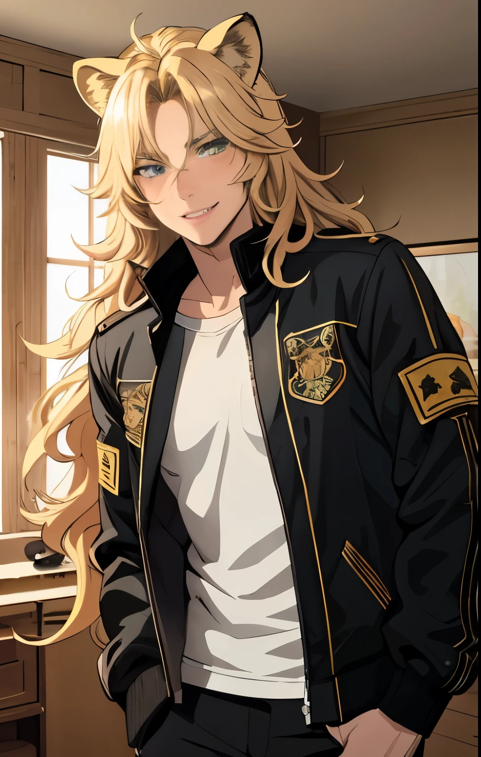 One male, lion ears, long hair, blond, blond hair, green eyes, tall, muscular, black bomber jacket, beautiful face, ((highest quality)), ((masterpiece)), 2d, ((anime)), (perfect face), ((highest detail)), feline eyes, stubble, lion tail, wavy hair, cowboy shot, intricate details, (room interior), ((solo)), smile, blushing