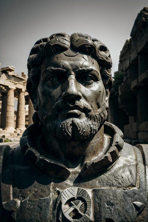 16:9 A dark landscape image of an ancient greek society deeply connected to stoicism, black and white, ancient greek architecture, include one single big statue of a stereotypical strong greek man, marcus aurelius
