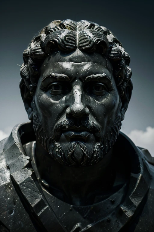 A dark landscape image of an ancient greek society deeply connected to stoicism, black and white, ancient greek architecture, include one single big statue of a stereotypical strong greek man, marcus aurelius