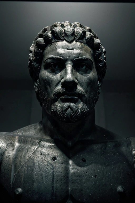 A dark landscape image of an ancient greek society deeply connected to stoicism, black and white, ancient greek architecture, include one single big statue of a stereotypical strong greek man, marcus aurelius