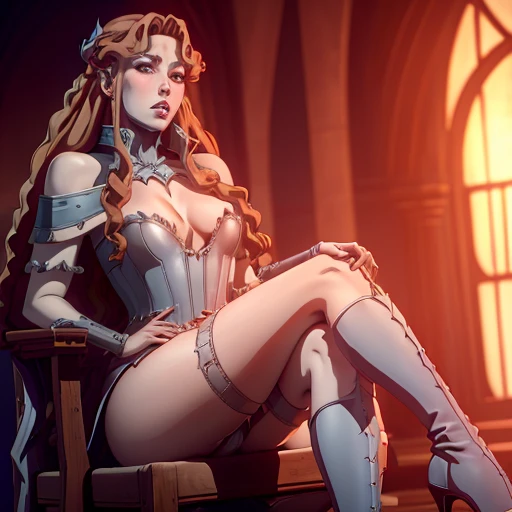 Lenore from castlevania, succubus, horns red eyes, sexy, skinny, dominatrix, uncensored, hd, 8k, realistic, masterpiece, sitting, crossed legs, upskirt, white boot-like heels