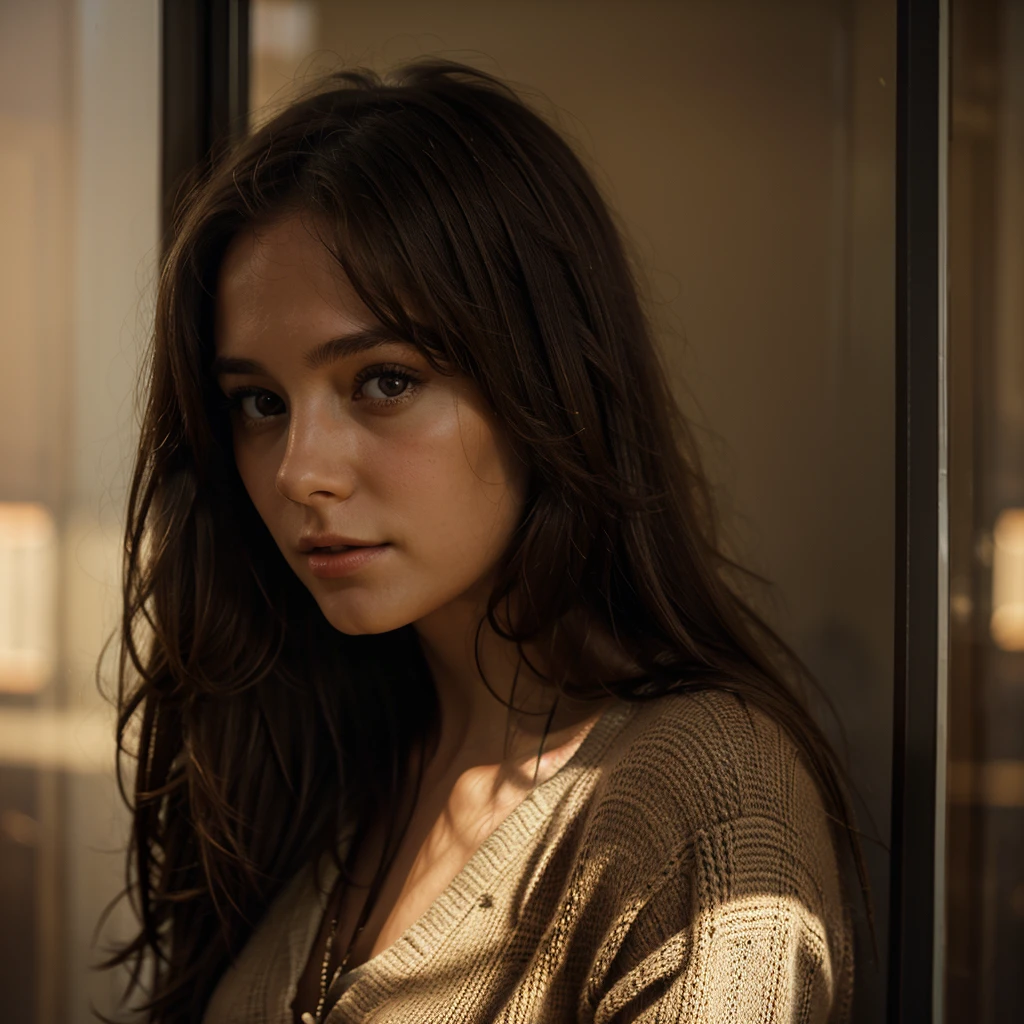 One jung french girl looks out the window, she has long brown hair, africa, atmospharic sight, cinematic lights, movielook, ((high quality)), ((best quality)), ((realistic)),