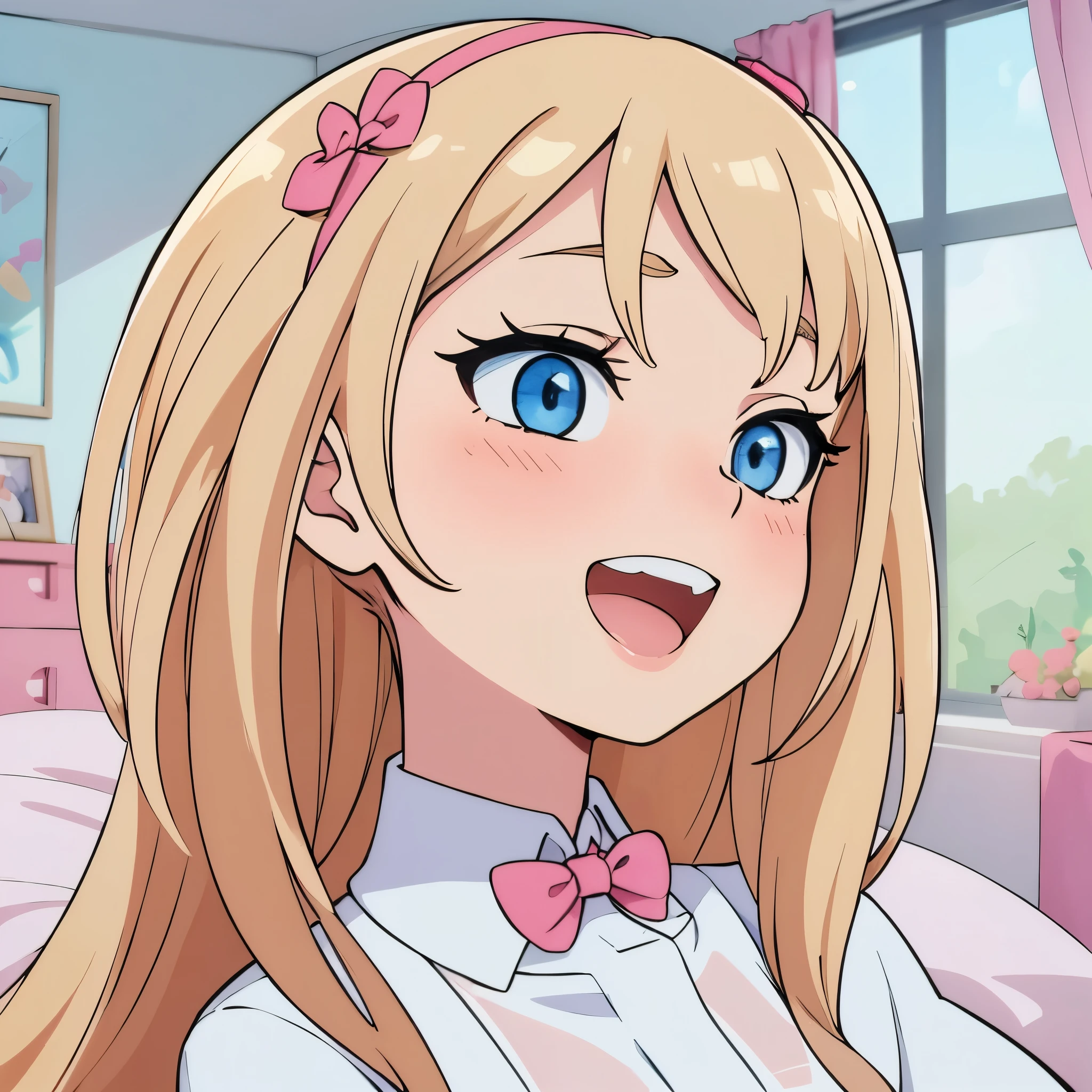 high quality, masterpiece. anime. (One girl) blonde. Smile. open mouth with teeth. Blue eyes. pink ribbon on hair. clothes bow and white shirt. against the backdrop of a room with a window.