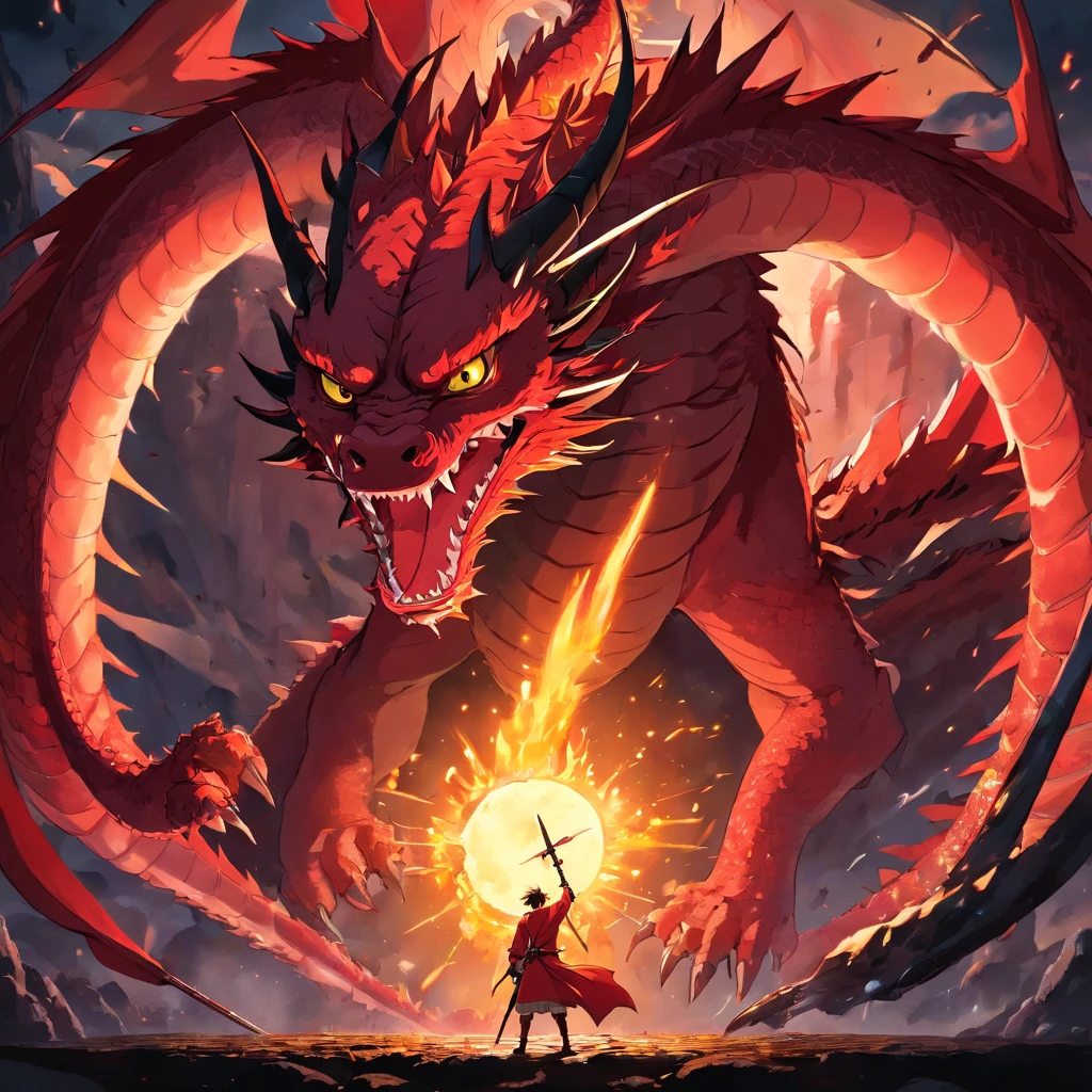 red dragon eating black sun, dragon impaled by sword of darkness