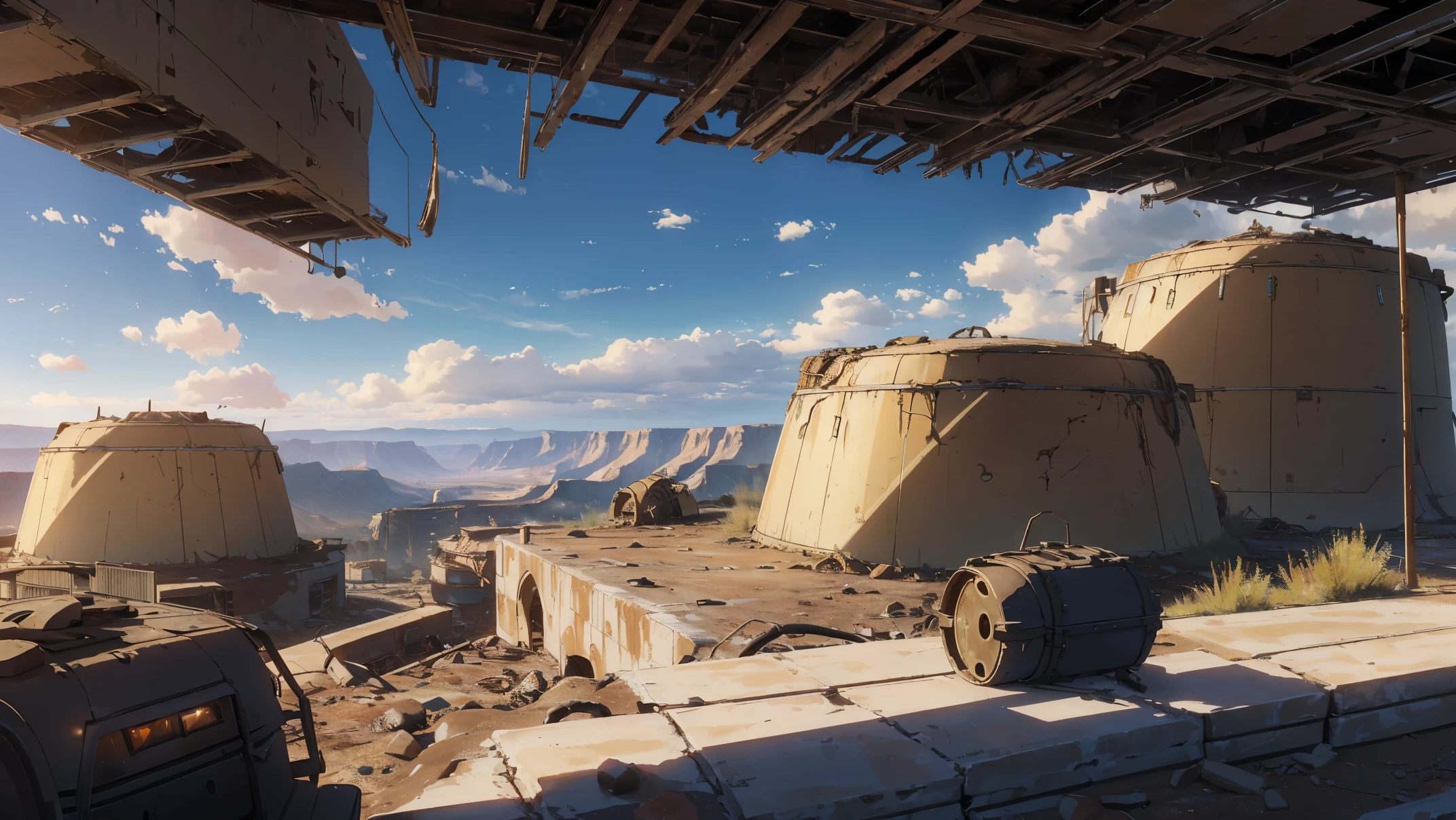 (Best quality, 8k, 32k, Masterpiece, UHD: 1.2, Ray tracing: 1.2, Real: 1.2), (Side: 1.5), savannah in the foreground, high canyons in the distance, sandy red canyons in the distance, (military bunker in the mountain, Long distance, wind:1.5), road works sign in the background, blue sky, White clouds, (((post-apocalyptic wasteland)))