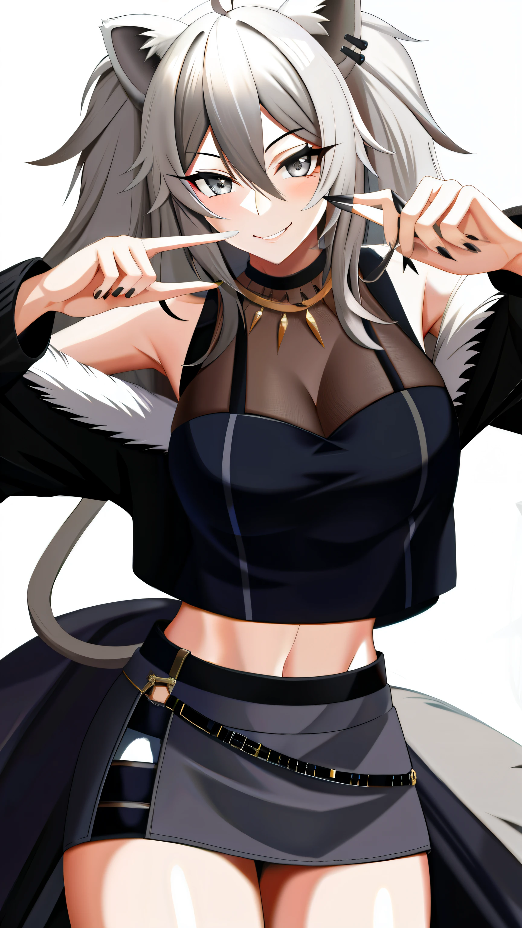 absurdres, highres, best quality,  Botan, black top, fur-trim, oionlion ears, messy hair, skirt, messy hair, grey eyes, grey hair, long hair, black nails, sharp nails, dynamic pose, sexy pose, seductively smile,