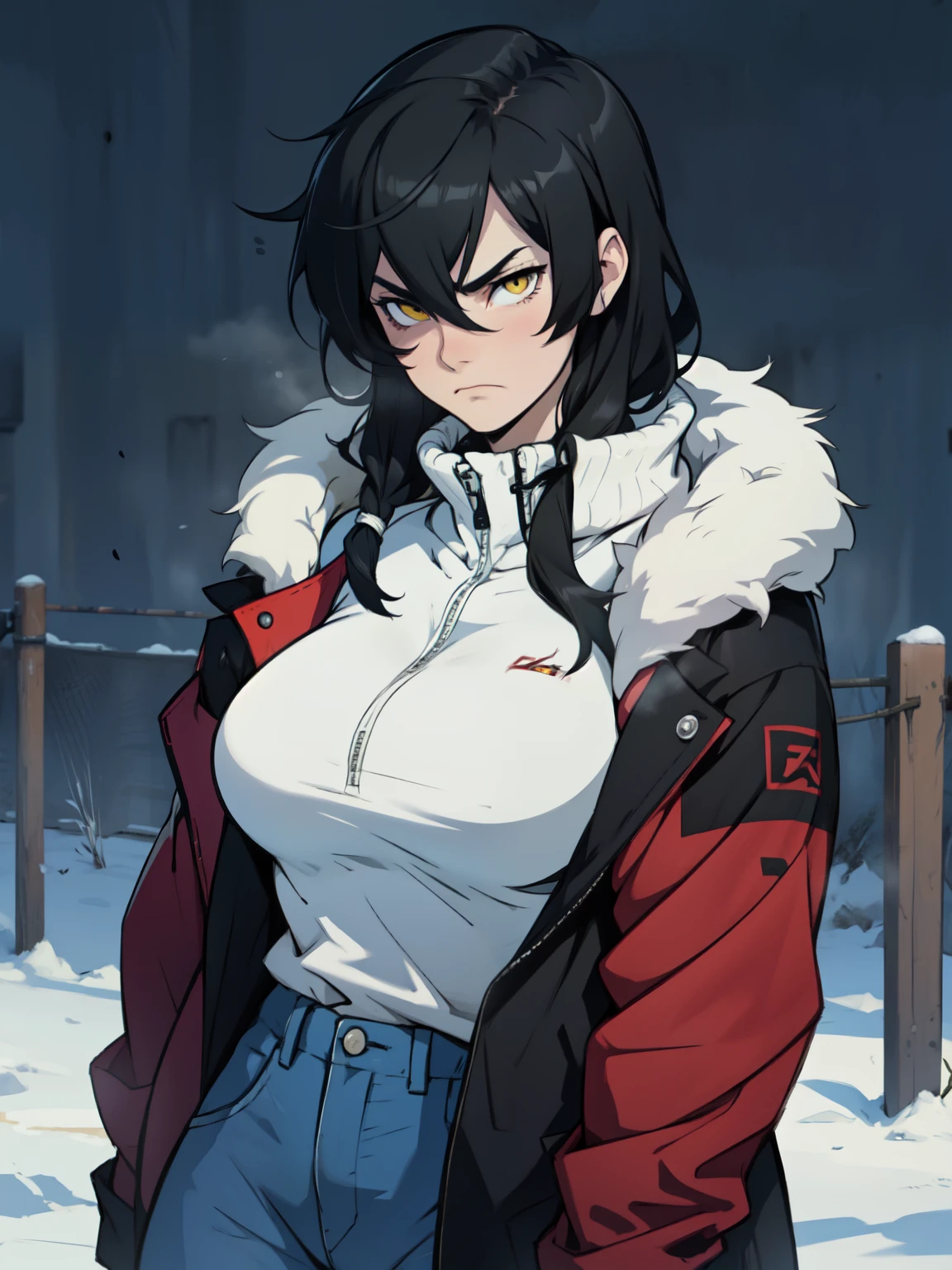 muscular girl thick breasts black hair yellow eyes pale skin best quality sad frown cold cold cold