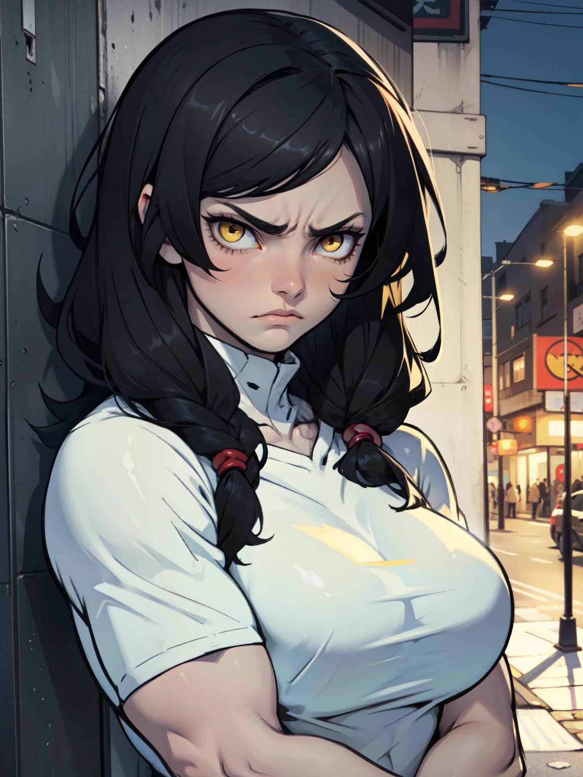 muscular girl thick breasts black hair yellow eyes pale skin best quality sad frown cold muscular girl thick breasts black hair yellow eyes pale skin best quality sad frown cold