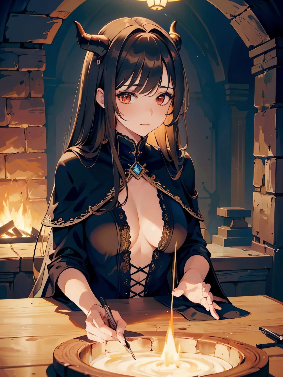 (masterpiece:1.4), (best quality:1.4), fantasy, extremely detailed, hyper detailed, illustration, soft lighting, 1girl, long brown hair, red eyes, black straight horns, (wear black clothing), closed clothes, black cape, bend_over, (perfect_face), dramatic lighting, 4k, detailed_background, full_body, digital_illustration, in the dark cave, is in the oven, (the background is a dungeon)