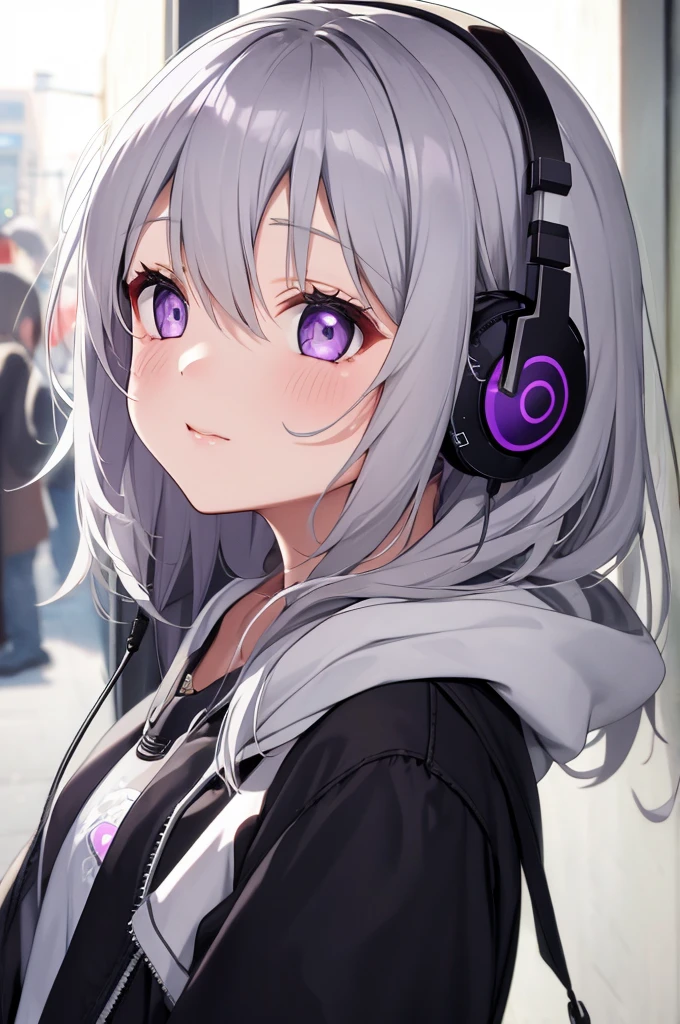 one girl、gray hair、purple eyes、headphone、facing forward