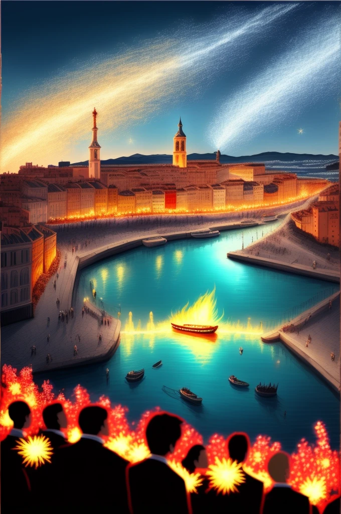 Fete du nouvel an à Marseille,feu d'artifice au vieux port de Marseille en France. toute la ville est reunie sur le vieux port de Marseille, une foule est venue regarder