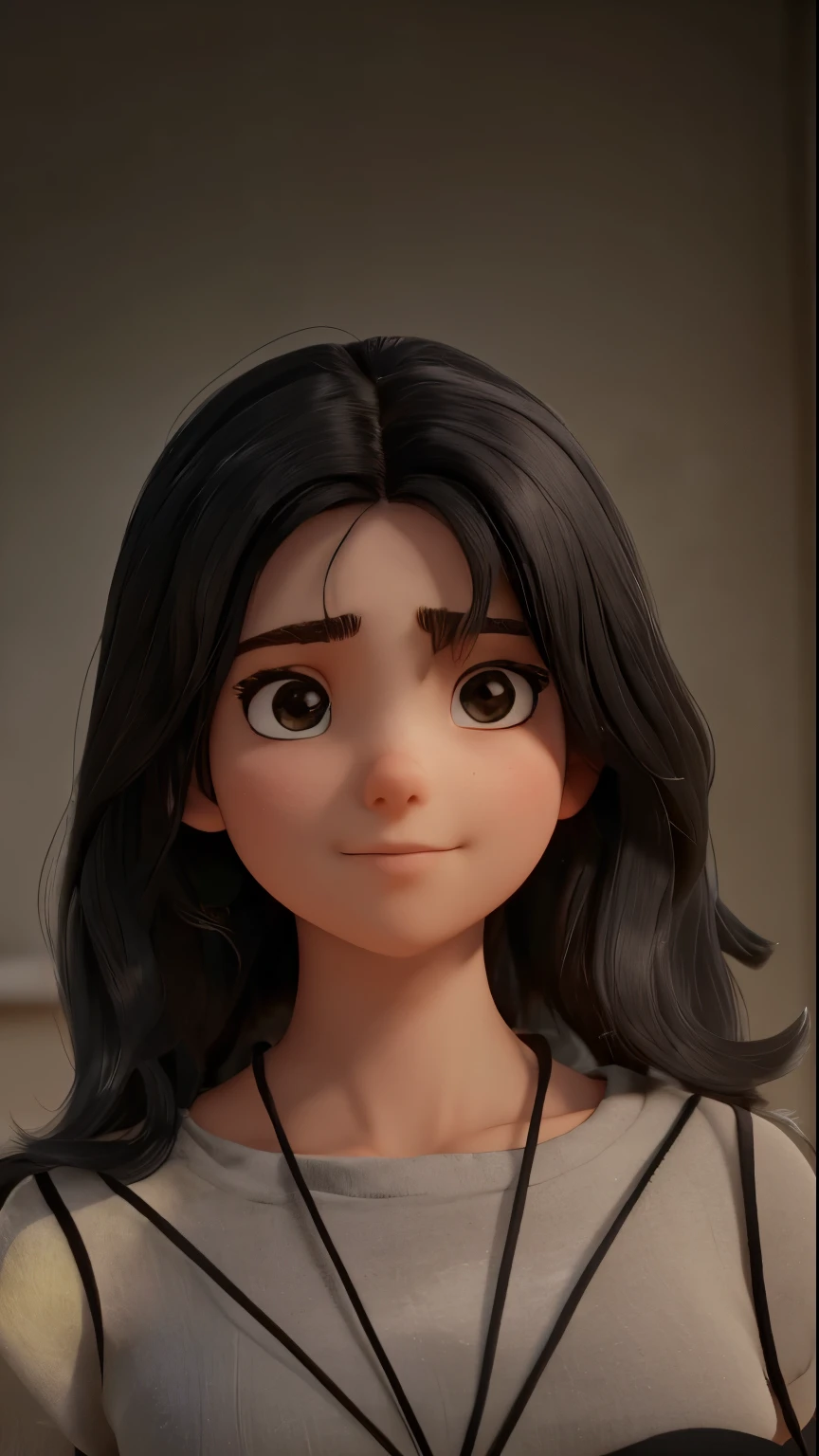 Girl with black hair wearing black top looking at her side