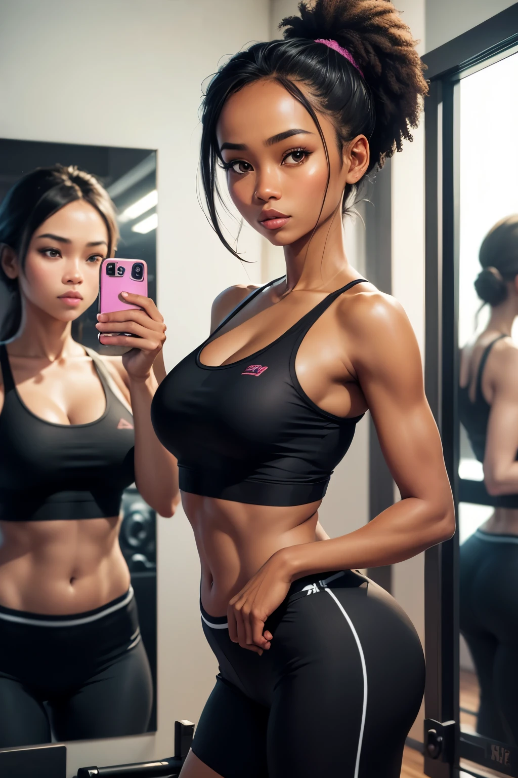 a beautiful khmer-black woman taking a photo in the gym mirror, ultra realistic style