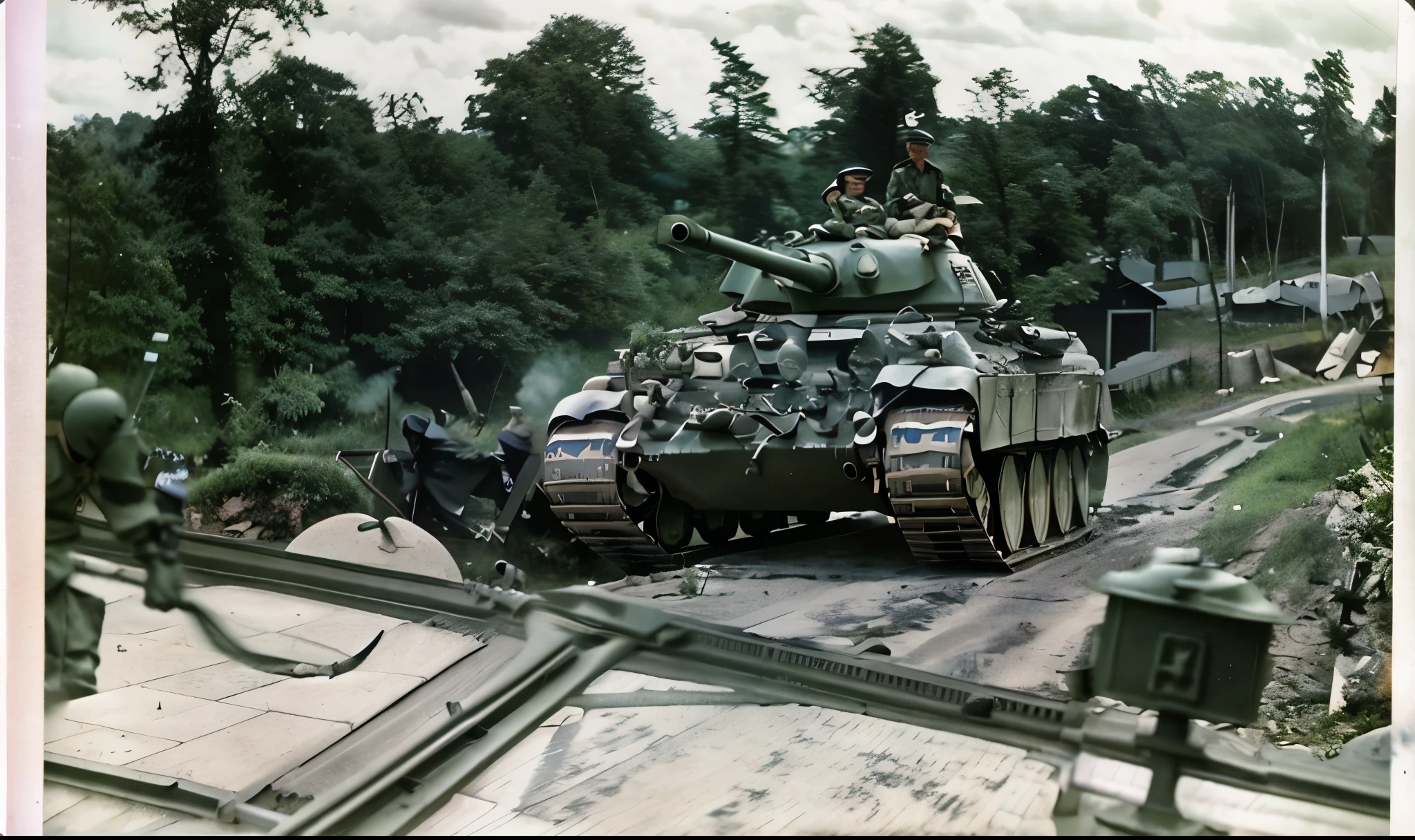 there is a tank that is sitting on the side of the road, still photograph, taken on a ww 2 camera, taken on a ww2 camera, panzer, war photograph, war photo, tank, ww2 normandy foy arnhem 1944, ww 2 normandy foy arnhem 1 9 4 4, still photography, ww2 era photograph, wartime footage