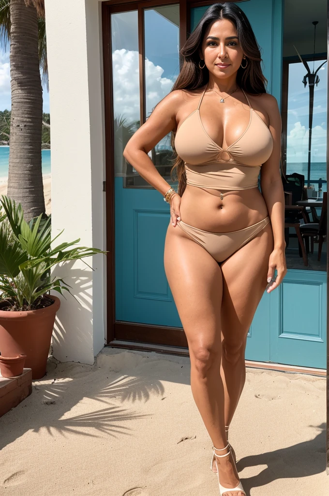 Full photo of a beautiful 40-year-old Latina woman with tanned skin and straight hair. She has a slender body and wears a transparent top and very tight shorts and high-heeled shoes, with firm breasts and wide hips. The woman's entire body is found in a beach house. camel toe