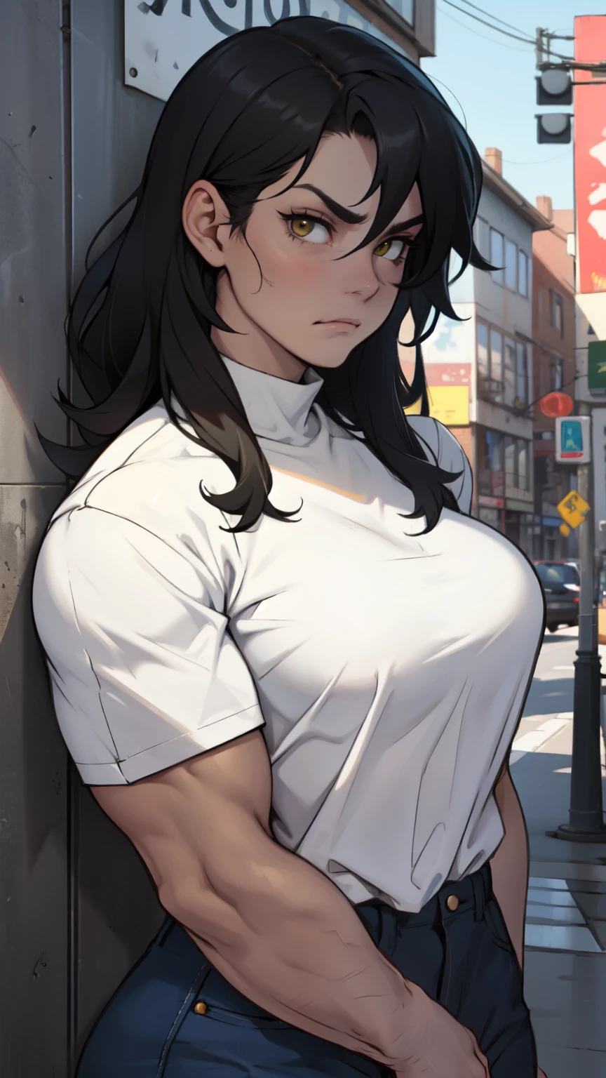 muscular girl small breasts thick thick thick thick thick black hair yellow eyes pale skin disappointed sad frown athletic female