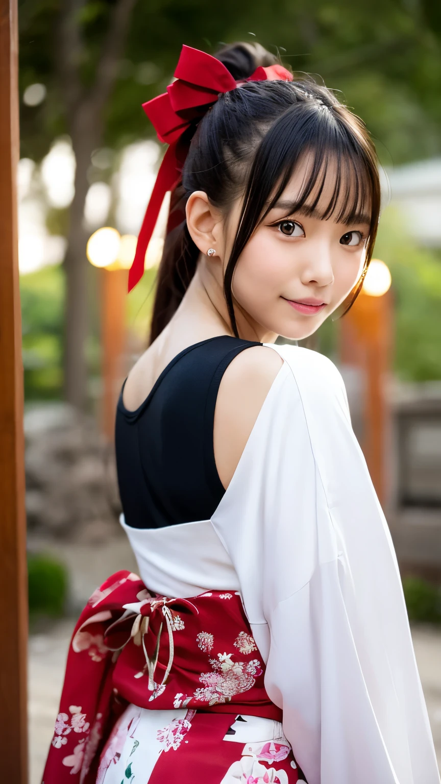 beautiful young woman. with black eyes、Features smooth black hair that reaches to the shoulders. hair is in a ponytail, Tie the top with a small red ribbon. He has a kind expression and a warm smile.. Make your eyes and expression cool. The eyes are dangling eyes. She is dressed in a traditional Japanese kimono featuring a red and white color scheme. big breasts. big breasts.The background image is a Japanese landscape with a shrine.. new year.New Year. The background image is a Chinese landscape with a shrine.