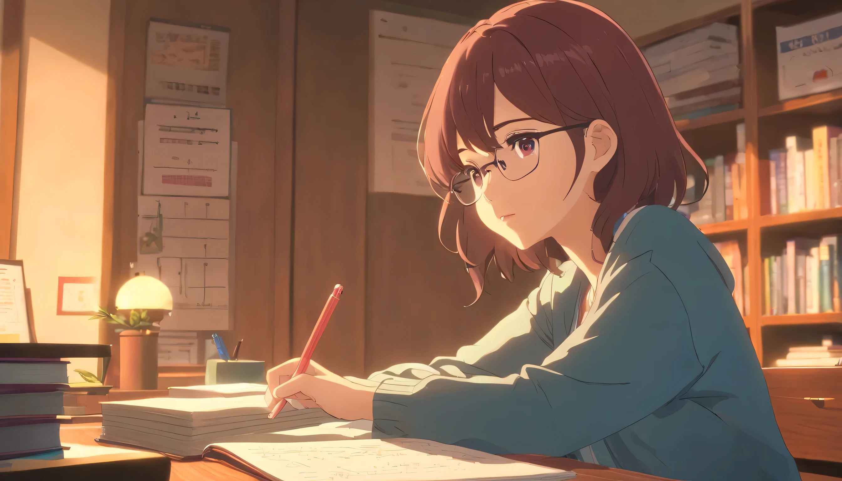 Girl:
- Hair: Short, curly.
- Serious expression.
- Eyes: Brown.
- Lips: Red lipstick.
- Accessory: Star clip on hair.
- Skin: Rosy.
- Feature: Cute, 4K (high quality).
- Activity: Concentrating, studying on the desk.
- Scene: The girl is in a softly lit room with books and educational materials on the desk. There's a peaceful atmosphere conducive to studying. The shot is taken from the right side of the girl, capturing a scene reminiscent of Makoto Shinkai anime, with a touch of melancholy in the air.
- Glasses: Wearing simple glasses that add a touch of elegance.
