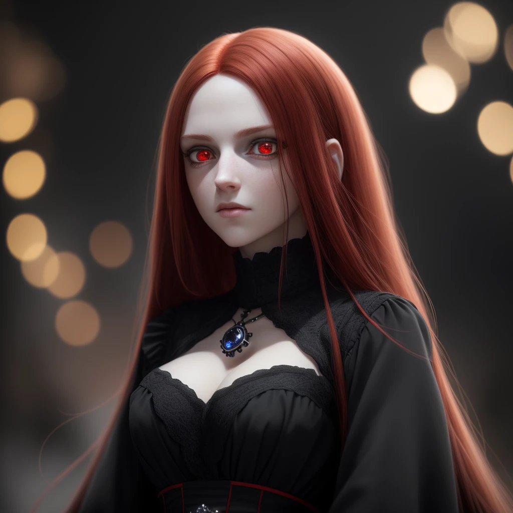 Long Red hair, Black dress.(a close-up of a person with Long Red hair,wearing a black dress,anime girl in dress, Red eyes,3d render character art 8k,Red-eyed, dark witch character),(best quality,4k,8k,highres,masterpiece:1.2),ultra-detailed,(realistic,photorealistic,photo-realistic:1.37),HDR,UHD,studio lighting,ultra-fine painting,sharp focus,physically-based rendering,extreme detail description,professional,vivid colors,bokeh,portraits,anime,dark fantasy,monochrome color palette,subtle and dramatic lighting