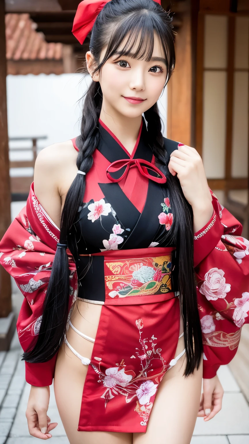 beautiful young woman. with black eyes、Features smooth black hair that reaches to the shoulders. hair is in a ponytail, Tie the top with a small red ribbon. He has a kind expression and a warm smile.. Make your eyes and expression cool. The eyes are dangling eyes. She is dressed in a traditional Japanese kimono featuring a red and white color scheme. small breasts. The background image is a Japanese landscape with a shrine.. new year.New Year. The background image is a Chinese landscape with a shrine.