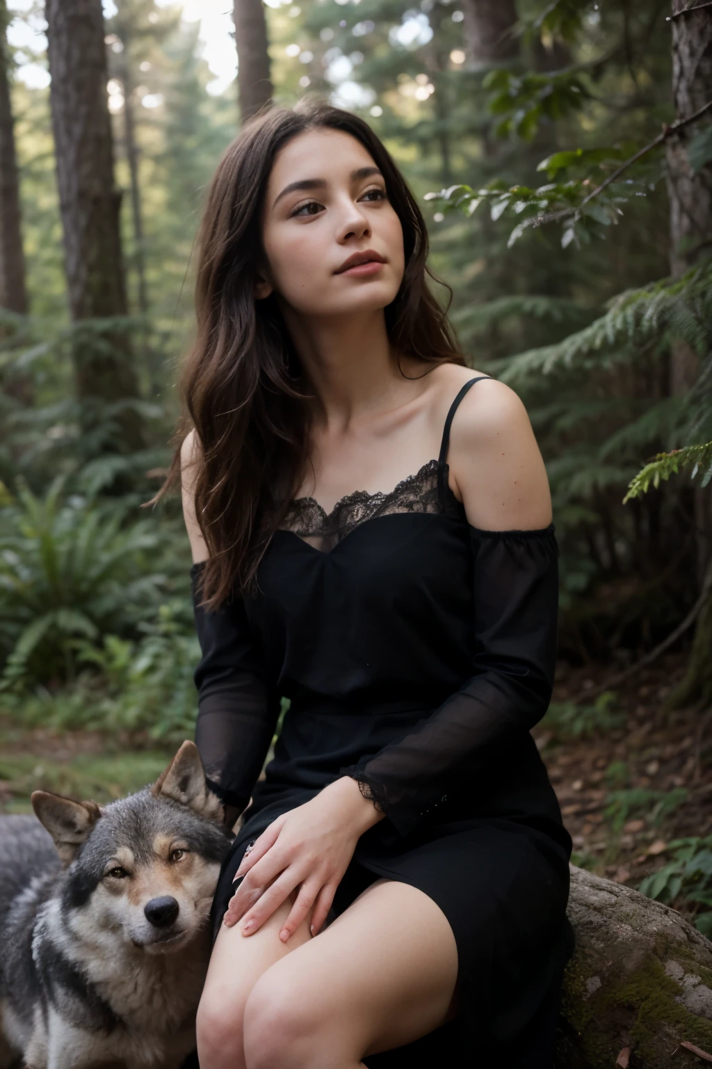 
((best quality)), ((masterpiece)), (detailed), perfect face
Craft a lifelike image capturing an intimate moment where a young woman with gentle brown eyes and cascading black hair is the central figure. Clad in an elegant black dress with delicate lace detailing, she is at the forefront, sharing a tender interaction with a wolf in a forest clearing. The wolf, close by her side and enjoying her affectionate strokes, radiates contentment under her touch, with sunlight filtering through the trees, adding a gleam to its fur. Their close proximity and the wolf's relaxed demeanor reflect a strong bond and a shared moment of tranquility in the wilderness.