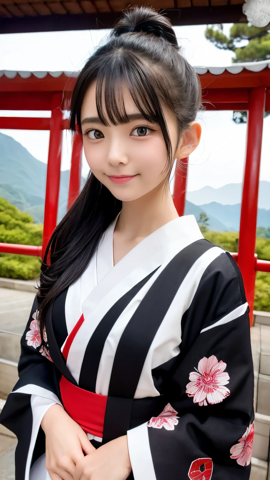 beautiful young woman. with black eyes、Features smooth black hair that reaches to the shoulders. hair is in a ponytail, Tie the top with a small red ribbon. He has a kind expression and a warm smile.. Make your eyes and expression cool. The eyes are dangling eyes. She is dressed in a traditional Japanese kimono featuring a red and white color scheme. small breasts. The background image is a Japanese landscape with a shrine.. new year.New Year. The background image is a Chinese landscape with a shrine.