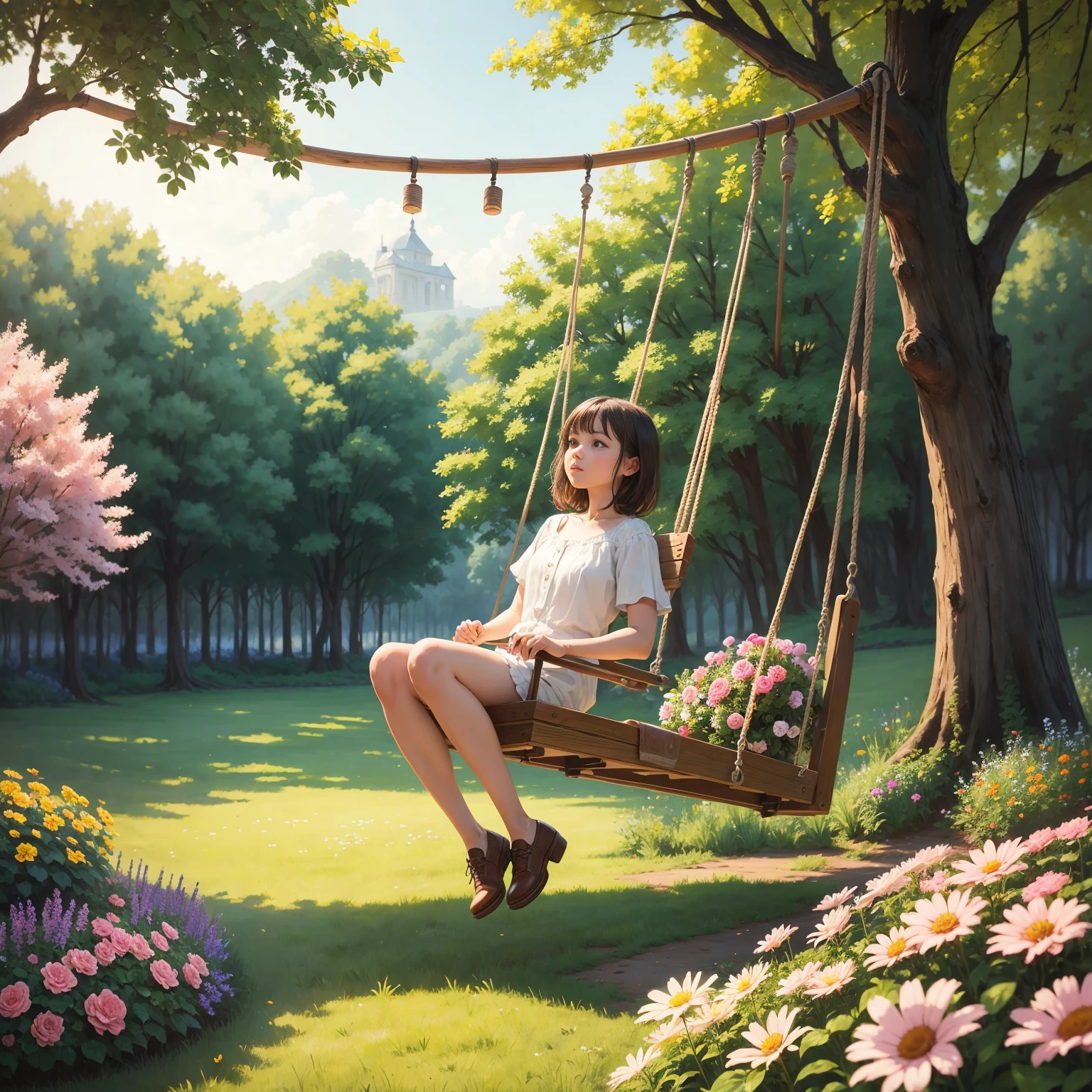 wooden swing，The swing has flowers  