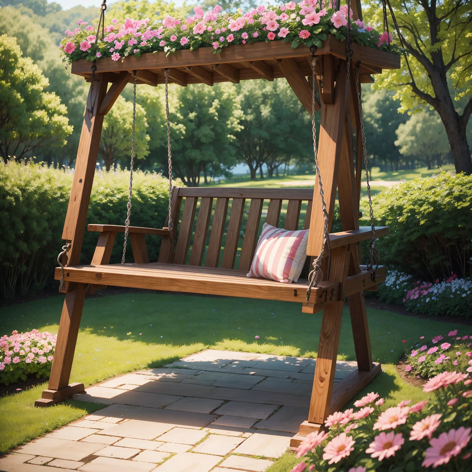 wooden swing，The swing has flowers  